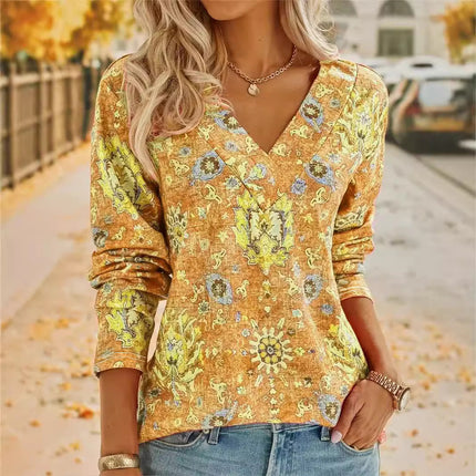 Big Size Bohemian Printed Long Sleeve T-Shirt Summer Fashion V-Neck Top Beach Clothing For Women