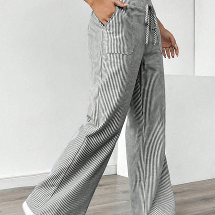New Striped Trousers With Pockets Casual Versatile Loose Wide Leg Pants Women's Clothing