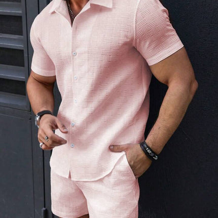 Leisure Breathable Beach Two Piece Suits Mens Summer Casual Short Sleeve Shirt And Shorts Men Outfits Vintage Textured Solid Set
