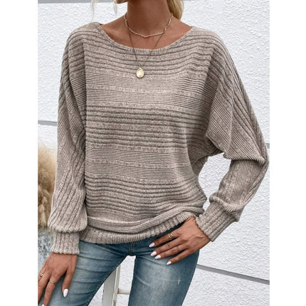 Solid Striped Batwing Sleeves T-shirt Fashion Casual Pullover Round Neck Long Sleeve Top Spring And Autumn Women's Clothing