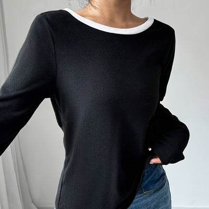 Women's Trendy Round Neck Two-Piece Illusionknit T-Shirt Full Sleeve Base Layer Top Crew Neck Design