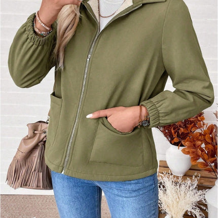 Casual Solid Color Zipper Fleece Jacket, Autumn Winter
