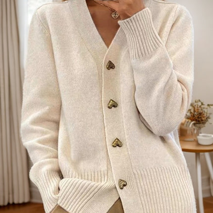 V-neck Knitted Sweater With Love Button Fashion Solid Long-sleeved Cardigan Spring And Autumn Women's Clothing