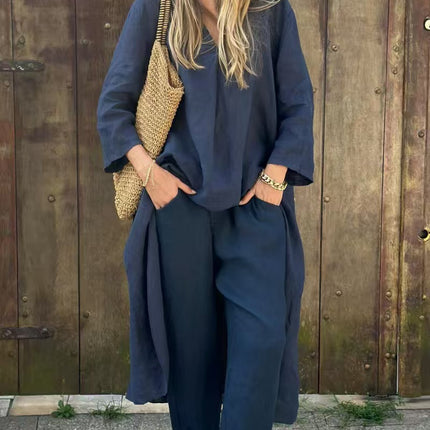 2pcs Long-sleeved Suits Loose V-neck Long Top And High Waist Wide Leg Pants With Pockets Women's Clothing