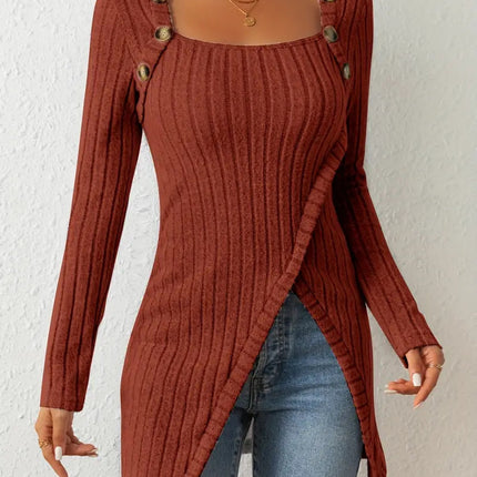 Square Collar Irregular Knitted Top With Button Design Fashion Solid Long-sleeved Long Top For Women Clothing