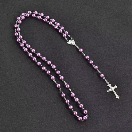 Imitation Pearl Cross Rosary Long Christian Necklace Unisex Sweater Chain