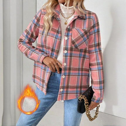 Women's Checkered Fleece Lined Shacket, Plaid Button Down Shirt Jacket With Chest Pockets, Fall Winter Outerwear Coat