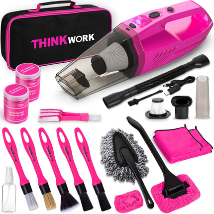 THINKWORK Car Detailing Kit Interior Cleaner, Car Cleaning Kit with 8000PA Cordless Pink Handheld Vacuum Cleaner, Car Interior Detailing Brush Set, Pink Car Accessories, Gift for Women
