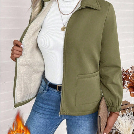 Casual Solid Color Zipper Fleece Jacket, Autumn Winter