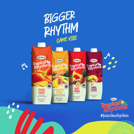 Grace Tropical Rhythms Sorrel Ginger Jamaican Fruit Juice 1 Liter (33.8oz) - 3 Cartons - Authentic Jamaican Ginger Juice Pure Drink