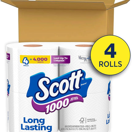 Scott 1000 Sheets Per Roll Toilet Paper, 4 Rolls, Bath Tissue