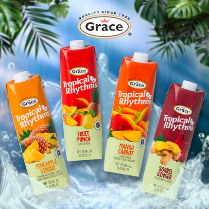 Grace Tropical Rhythms Sorrel Ginger Jamaican Fruit Juice 1 Liter (33.8oz) - 3 Cartons - Authentic Jamaican Ginger Juice Pure Drink