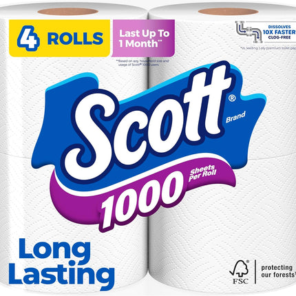 Scott 1000 Sheets Per Roll Toilet Paper, 4 Rolls, Bath Tissue