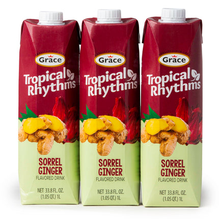 Grace Tropical Rhythms Sorrel Ginger Jamaican Fruit Juice 1 Liter (33.8oz) - 3 Cartons - Authentic Jamaican Ginger Juice Pure Drink