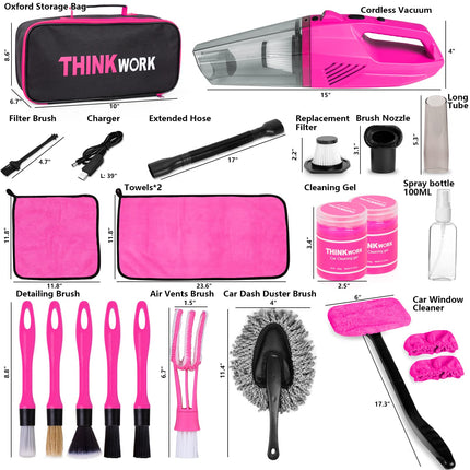 THINKWORK Car Detailing Kit Interior Cleaner, Car Cleaning Kit with 8000PA Cordless Pink Handheld Vacuum Cleaner, Car Interior Detailing Brush Set, Pink Car Accessories, Gift for Women