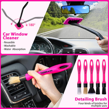THINKWORK Car Detailing Kit Interior Cleaner, Car Cleaning Kit with 8000PA Cordless Pink Handheld Vacuum Cleaner, Car Interior Detailing Brush Set, Pink Car Accessories, Gift for Women