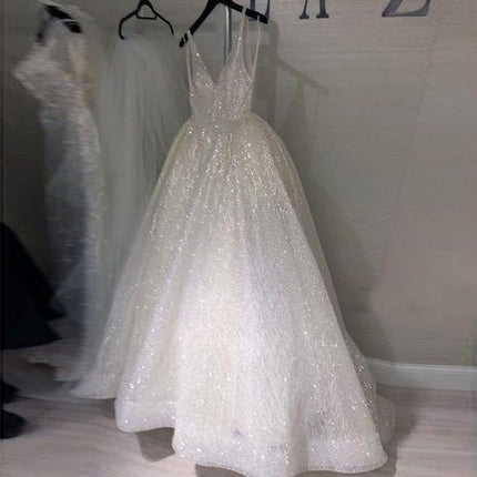 V-neck halter pure white wedding evening dress