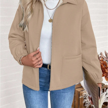 Casual Solid Color Zipper Fleece Jacket, Autumn Winter