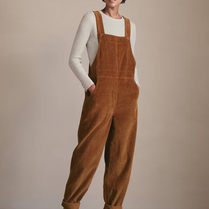 Corduroy Bib Overalls With Buttons And Pockets Fashion Casual Jumpsuit Loose Straight Pnats For Women