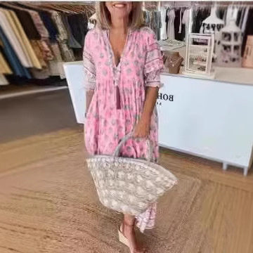 Summer Bohemian Print Lantern-Sleeved Dress Fashion Loose V-Neck Ruffle Long Dress Beach Clothing For Women
