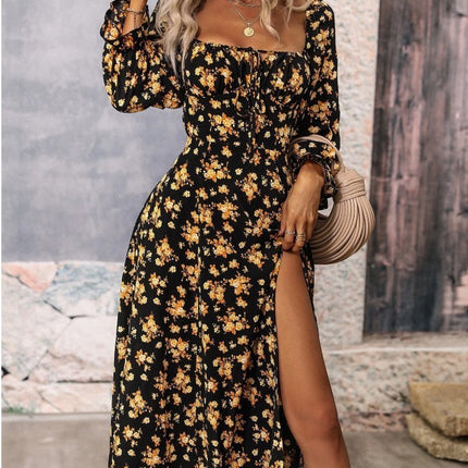 Flowers Printing Long Sleeve Dress Fashion Square-neck Bottom Slit Dresses Womens  Clothing
