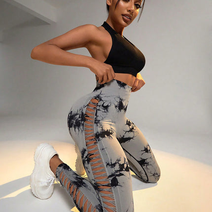 2 Pack Tie-dye Hollow High-waist Butt-lifting Women's Fitness Pants, Women's Tie Dye Cutout Tights Workout Yoga Leggings