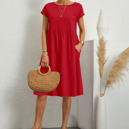 Summer Short-sleeved Dress With Pockets Fashion Solid Round Neck A-line Dresses For Women Clothing