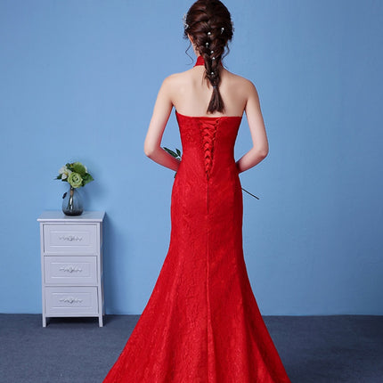 Big red wedding dress bride large size waist fishtail wedding dress palace fishtail tail Korean hanging neck