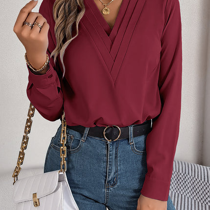Fashion V-Neck Long Sleeve Shirt Elegant Commuter Solid Blouse Office Women's Clothing
