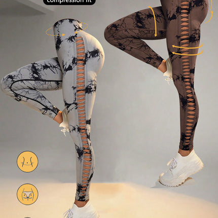 2 Pack Tie-dye Hollow High-waist Butt-lifting Women's Fitness Pants, Women's Tie Dye Cutout Tights Workout Yoga Leggings