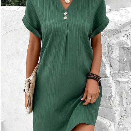 Fashion V-neck Short-sleeved Dress Casual Solid Strip Button Dresses Womens Clothing