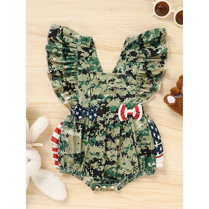 Baby's Girl 4th Of July Independence Day Style Camouflage Pattern Triangle Bodysuit, Casual Sleeveless Romper, Toddler & Infant Girl's Onesie