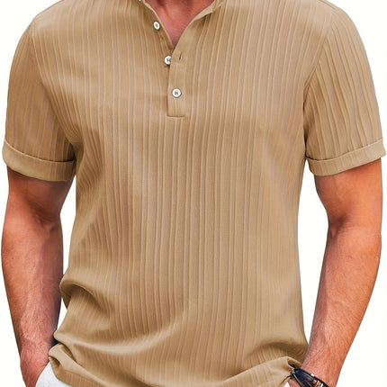 Summer Stand Collar Buttons Short Sleeve T-shirt Solid Color Stripe POLO Shirt Fashion Casual Beach Clothing For Men