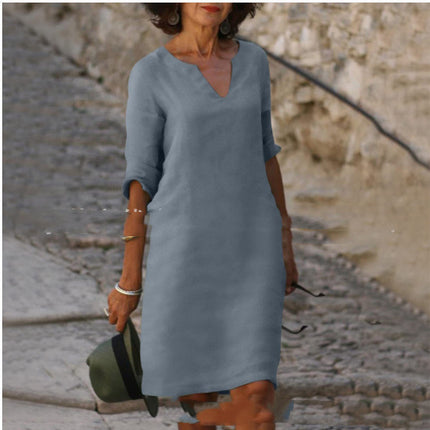 Cotton And Linen V-neck Dress Summer Stitching Retro High Waist Pure Color Dresses