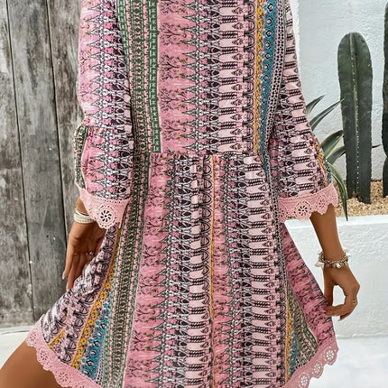 Bohemian Style V-neck Printed Dress Fashion Casual Loose Beach Dresses For Women