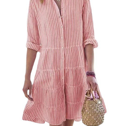 Ins Striped Long-sleeved Shirt Dress Fashion Lapel Button Dresses For Women