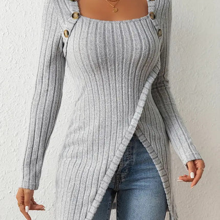 Square Collar Irregular Knitted Top With Button Design Fashion Solid Long-sleeved Long Top For Women Clothing
