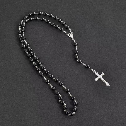 Imitation Pearl Cross Rosary Long Christian Necklace Unisex Sweater Chain