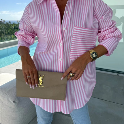 Spring Summer Long Sleeve Lapel Shirt Striped Print Lapel Shirt With Irregular Hem Button Placket Casual Loose Women's Blouses