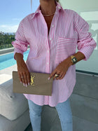 Spring Summer Long Sleeve Lapel Shirt Striped Print Lapel Shirt With Irregular Hem Button Placket Casual Loose Women's Blouses