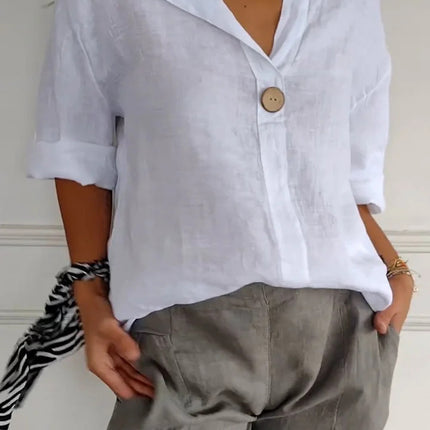 V-neck Long-sleeved T-shirt Fashion Loose Cotton And Linen Button Tops For Women