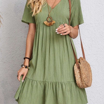 V-neck Short Sleeve Dress Summer Fashion Casual Loose Ruffled Dresses Beach Clothing Women