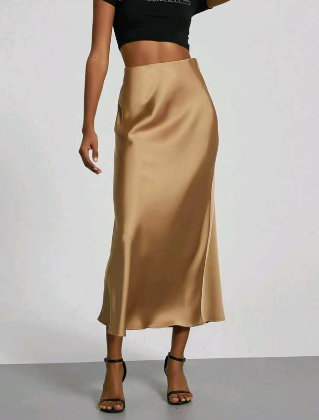 Women's Slim Fit Satin Skirt Fashion Chic Solid Long Skirt