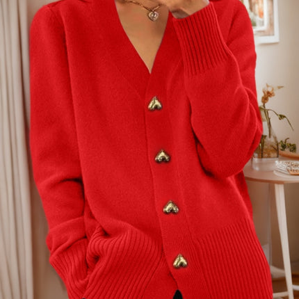 V-neck Knitted Sweater With Love Button Fashion Solid Long-sleeved Cardigan Spring And Autumn Women's Clothing