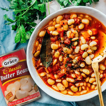 Grace Butter Beans 14oz - 2 Pack Canned Butter Beans - Source of Plant Based Protein & Fiber, Gluten Free, Low Fat - Giant White Beans Canned - Canned Lima Beans - Gigante Beans Alternative - Habas Grandes