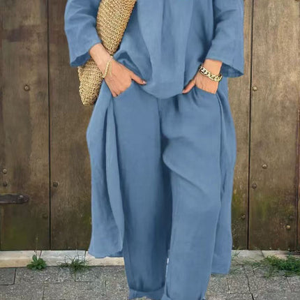 2pcs Long-sleeved Suits Loose V-neck Long Top And High Waist Wide Leg Pants With Pockets Women's Clothing