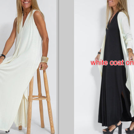 New Solid Color V-neck Sleeveless Dress Long Cardigan Jacket Suit For Women