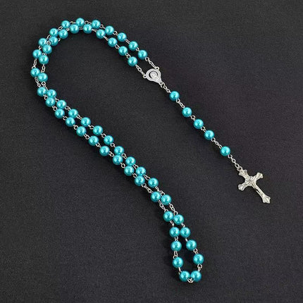 Imitation Pearl Cross Rosary Long Christian Necklace Unisex Sweater Chain