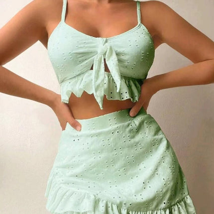 3pcs Beach Bikini With Hip-hugging Skirt Fashion Ruffle Design Swimsuit Set Summer Womens Clothing