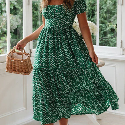 Square Collar Short Sleeve Dress Summer Puff Floral Printed Dress Long Dresses